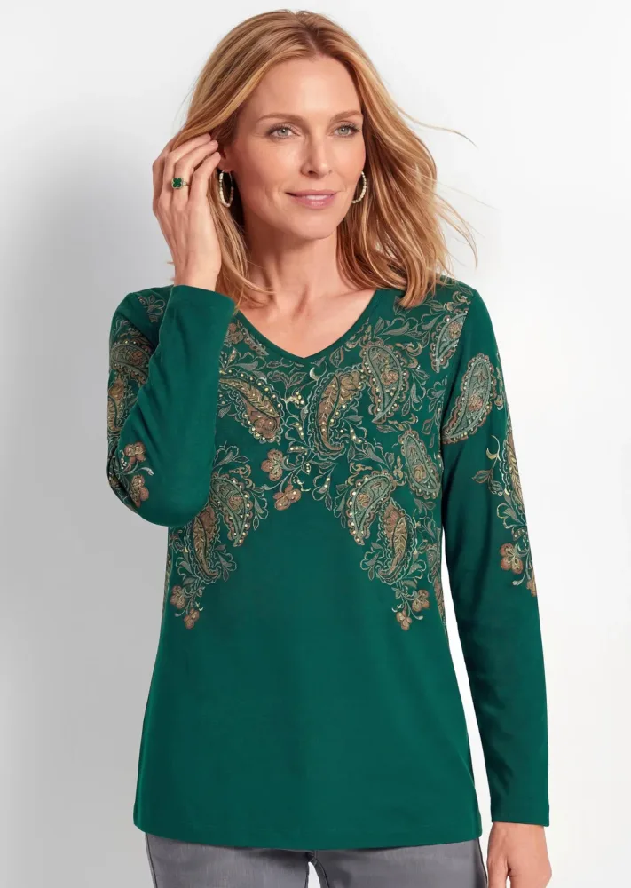 Langarmshirt mit platziertem Paisley-Druck - dunkelgrün / gemustert - Gr. 54 von Goldner Fashion