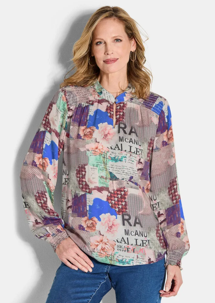 Bluse mit Stehkragen aus Viskose-Satin - stein / gemustert - Gr. 21 von Goldner Fashion