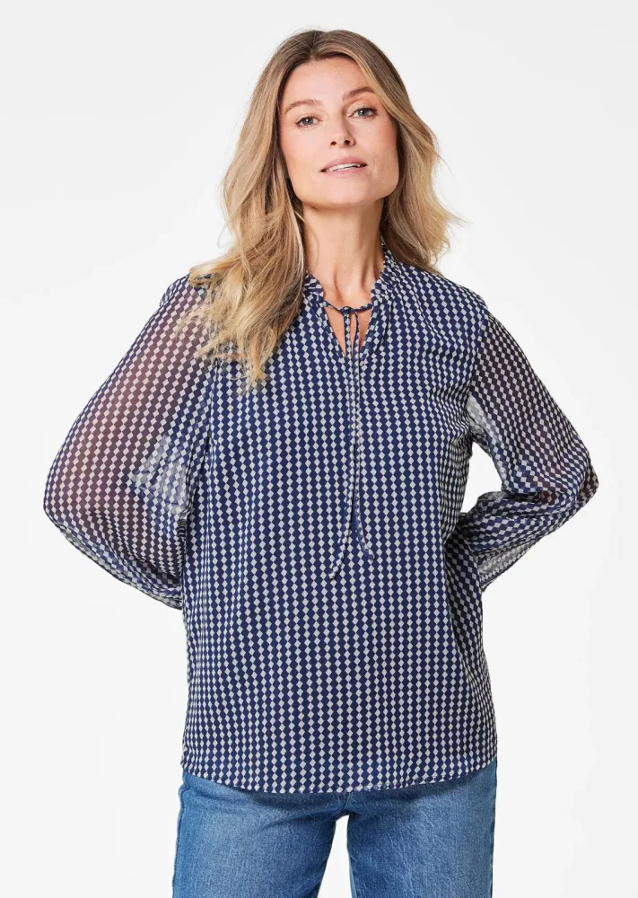 Chiffonbluse mit Gummibündchen - marine / weiss / gemustert - Gr. 19 von Goldner Fashion