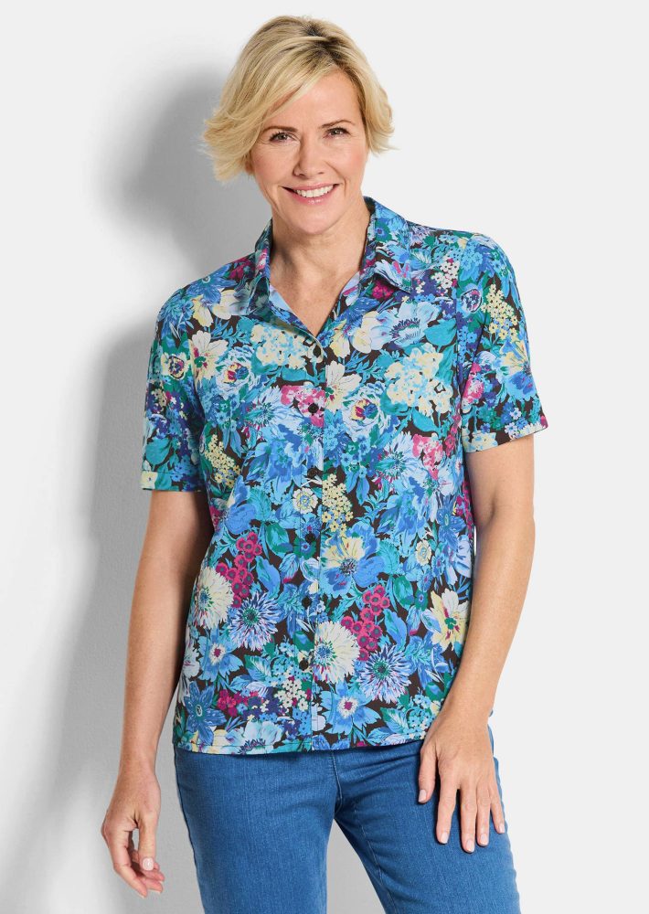 Bügelarme Hemdbluse mit Blumenmuster - blau / gemustert - Gr. 22 von Goldner Fashion