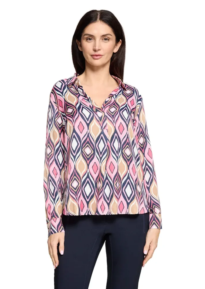 Edle Tunikabluse aus Viskose-Satin - pink / dunkelblau - Gr. 42 von Goldner Fashion
