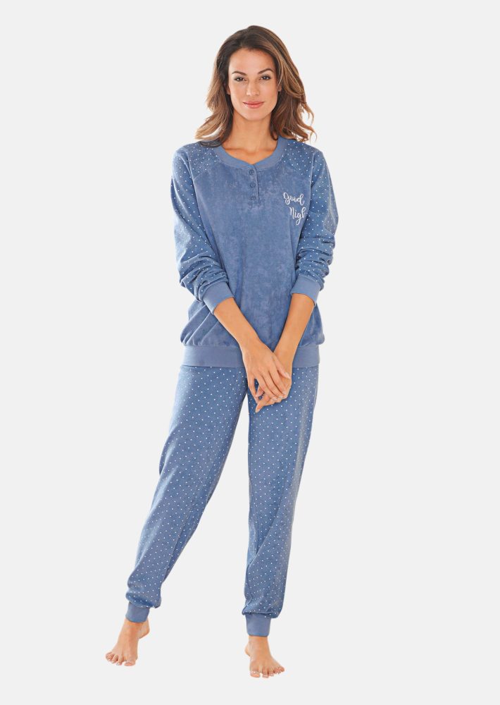 Weicher & bequemer Frotte-Pyjama mit Bündchen - blau / gemustert - Gr. 44/46 von Goldner Fashion