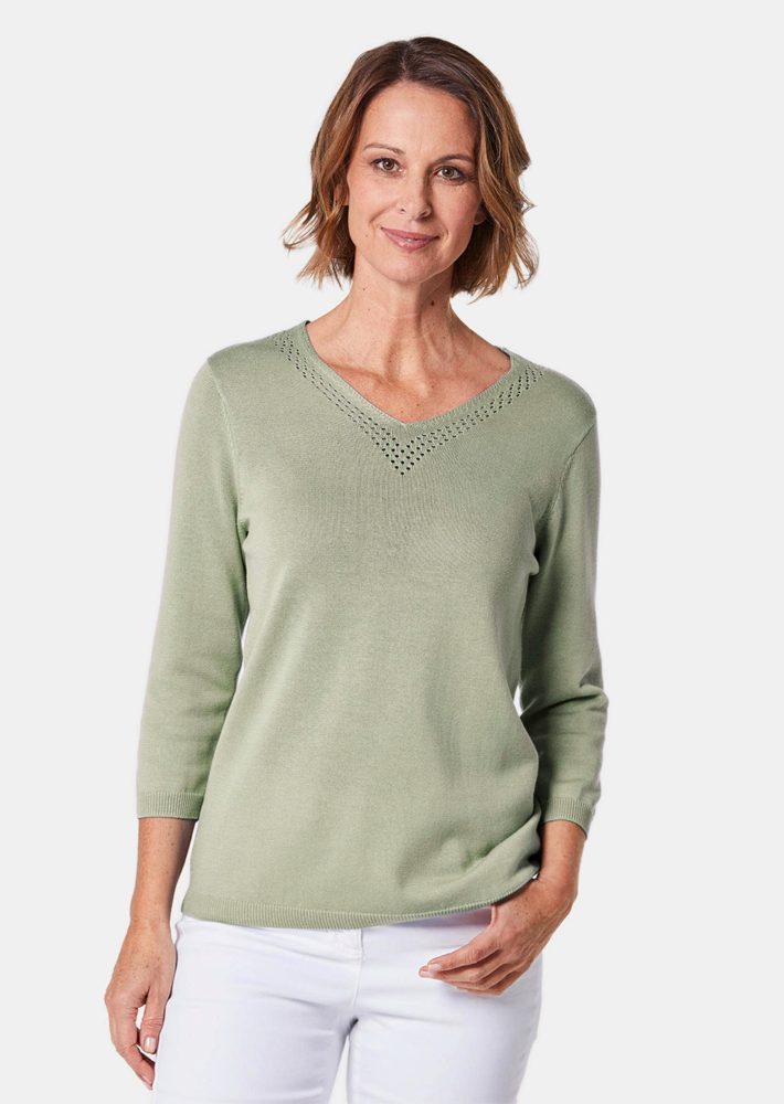 Unkomplizierter Pullover mit V-Ausschnitt - graugrün - Gr. 24 von Goldner Fashion