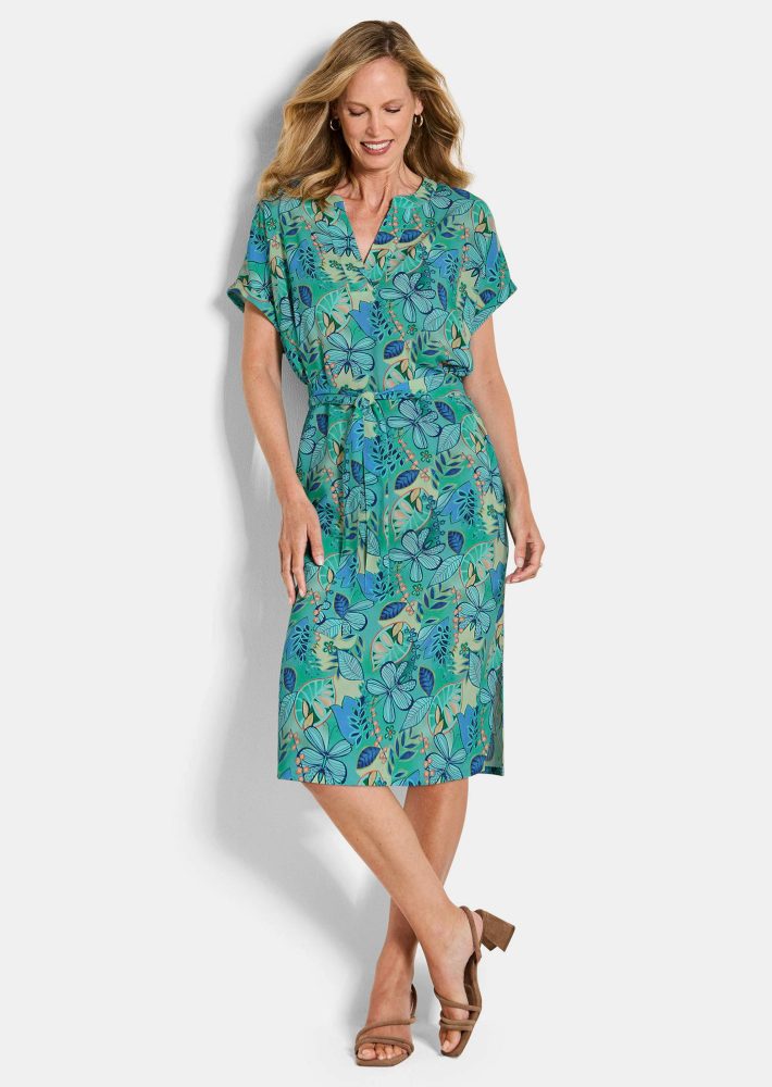 Viskose-Kleid mit Bindegürtel - salbei / gemustert - Gr. 25 von Goldner Fashion