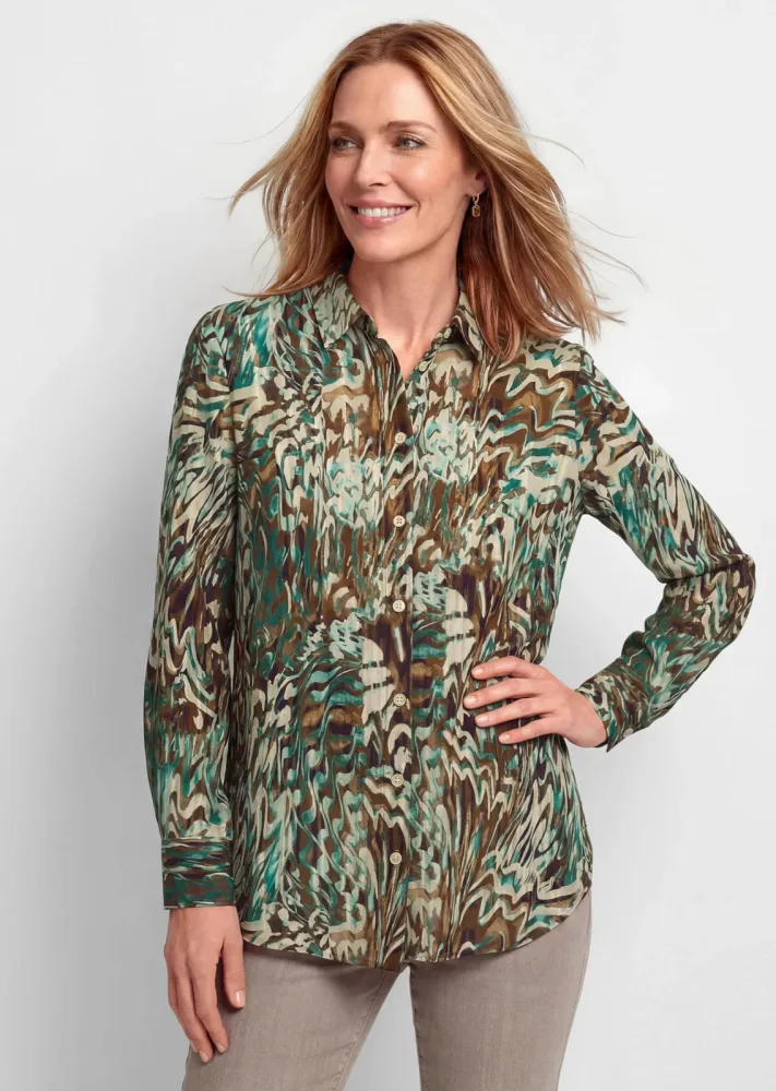 Hemdbluse aus reiner Viskose - graugrün / gemustert - Gr. 23 von Goldner Fashion