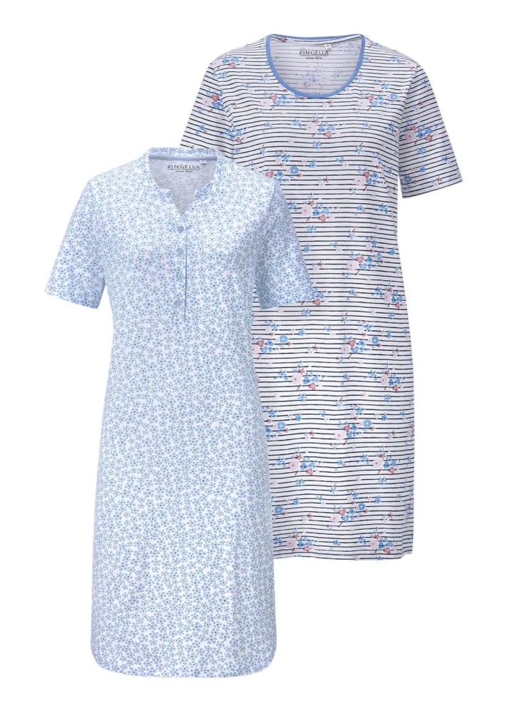 Nachthemden im 2er-Pack aus reiner Baumwolle - blau / weiss / gemustert - Gr. 19 von Goldner Fashion