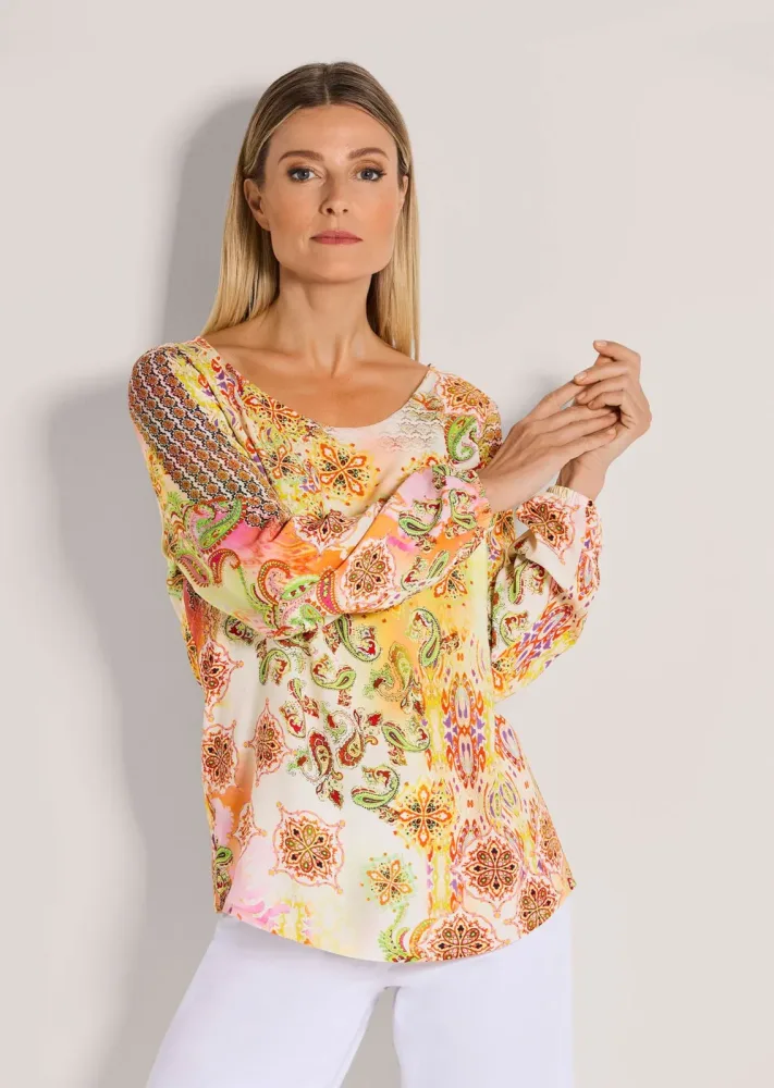 Bluse mit Paisley-Elementen - gelb / pink / gemustert - Gr. 22 von Goldner Fashion