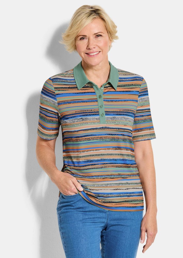 Geringeltes Poloshirt aus Viskose-Jersey - terrakotta / gemustert - Gr. 25 von Goldner Fashion