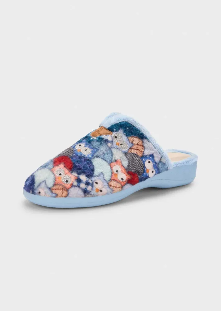Plüsch-Pantoffeln mit Eulenmotiv - blau / gemustert - Gr. 39 von Goldner Fashion