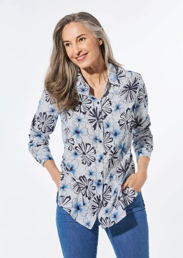 Druckbluse mit Hemdkragen - marine / gemustert - Gr. 23 von Goldner Fashion