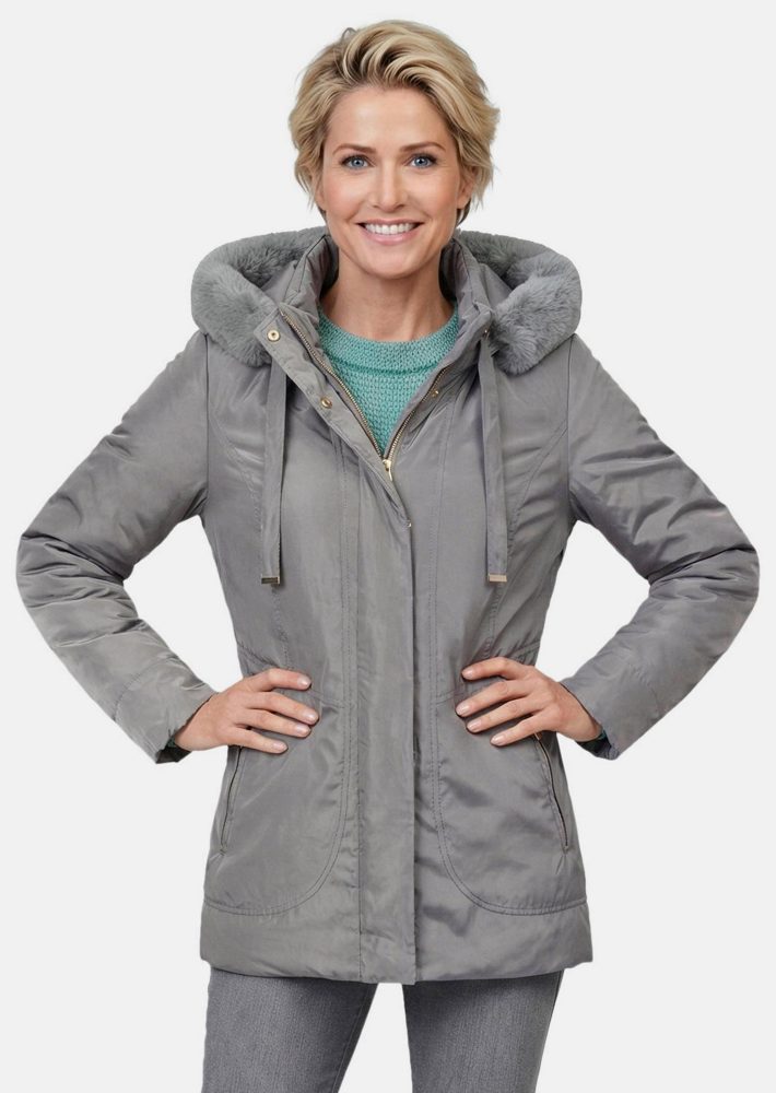 Kurzmantel mit Webpelz - stein - Gr. 22 von Goldner Fashion