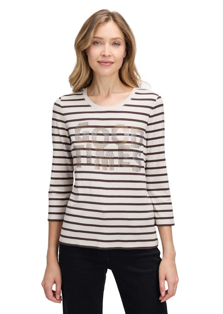 Ringelshirt mit Glitzerdruck - beige / braun - Gr. 42 von Goldner Fashion
