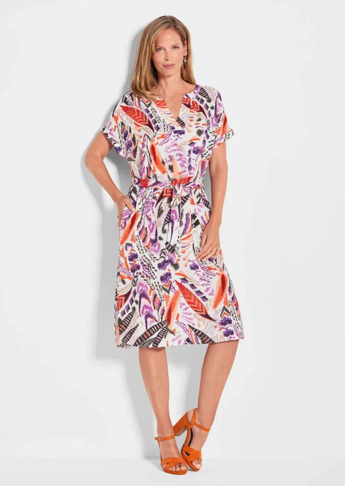 Druckkleid mit bedruckten Federn - bunt / gemustert - Gr. 52 von Goldner Fashion