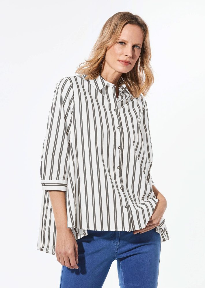 Schlichte Baumwoll-Bluse mit 3/4-Arm - weiss / taupe / gestreift - Gr. 21 von Goldner Fashion