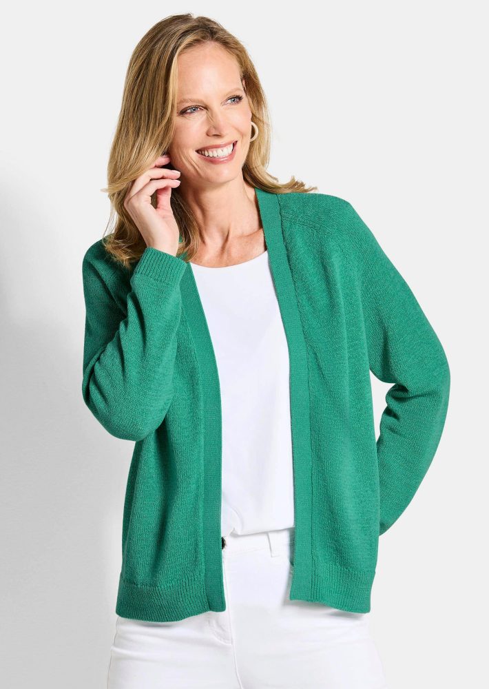 Kurze Strickjacke aus Bändchengarn - grün - Gr. 38 von Goldner Fashion