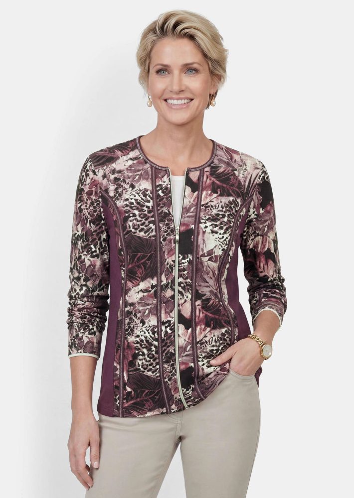 Taillierte Shirtjacke aus Viskose-Jersey - beere / gemustert - Gr. 46 von Goldner Fashion