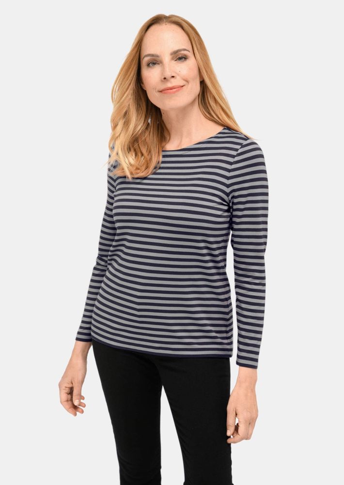 Ringelshirt mit hochwertigen, garngefärbten Ringeln ? auch nach häufigem Waschen bleibt die Farbe lange schön. In formstabiler Baumwoll-Elasthan-Qualität. Länge ca. 66 cm in Gr. 46, ca. 62 cm in Gr. 23. - marine / grau - Gr. 42 von Goldner Fashi