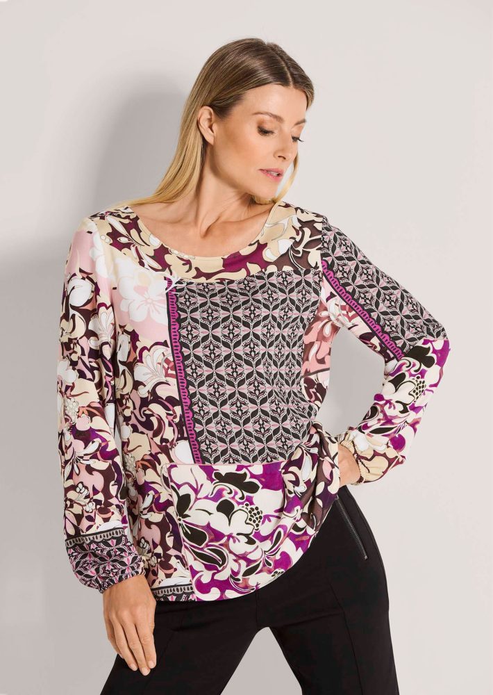 Bluse mit Blumenprint und Bordüre - rosé / gemustert - Gr. 38 von Goldner Fashion