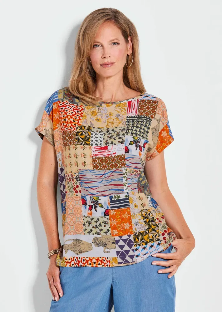 Druckbluse im Patch-Print - gelb / gemustert - Gr. 40 von Goldner Fashion