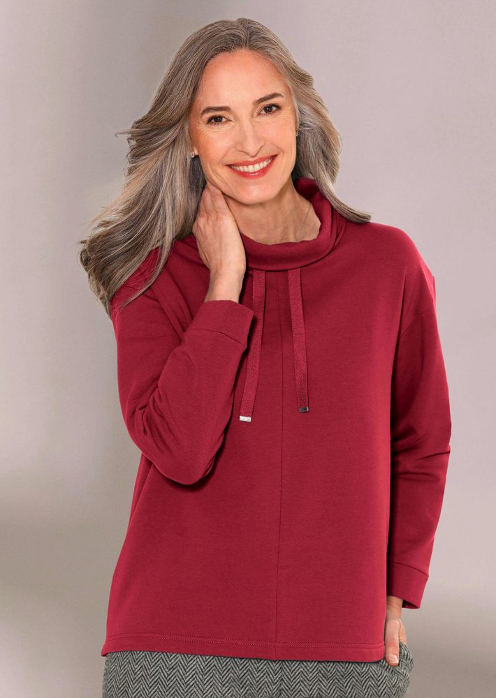 Sweatshirt mit halsfernen Kragen und Tunnelzug - rot - Gr. 46 von Goldner Fashion