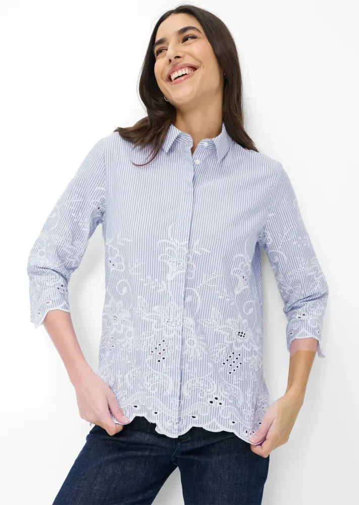Baumwollbluse mit Streifen und Blütenstickerei - blau / weiss / gestreift - Gr. 38 von Goldner Fashion