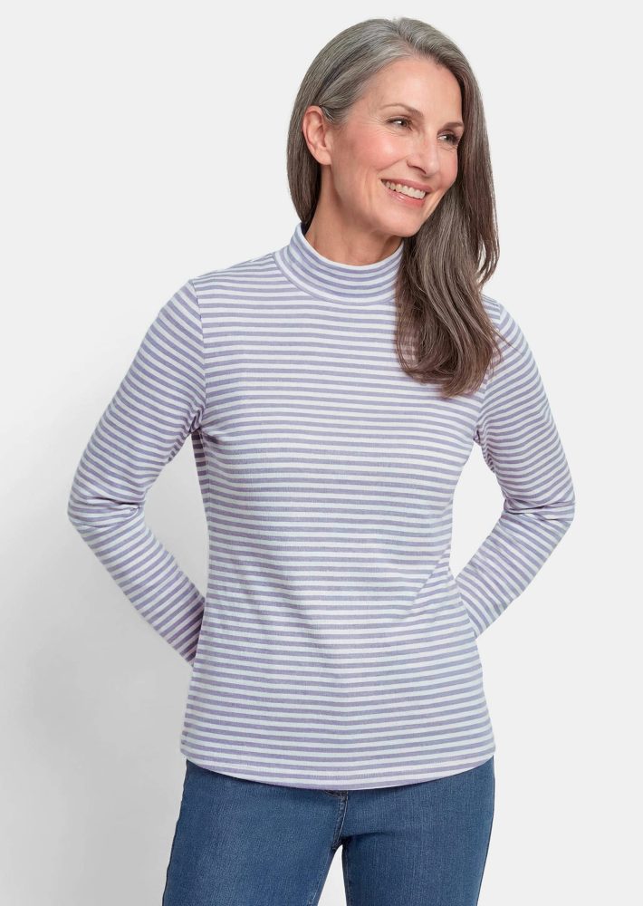 Langarmshirt mit Ringel und Stehkragen - flieder / cremeweiss / geringelt - Gr. 20 von Goldner Fashion