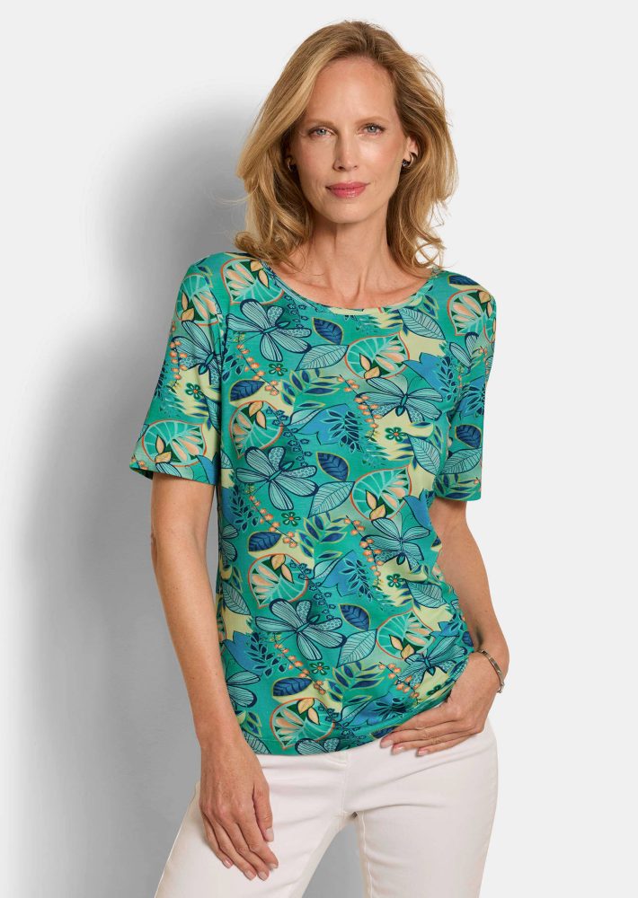 Jersey-Shirt mit U-Boot-Ausschnitt - salbei / blau / gemustert - Gr. 48 von Goldner Fashion
