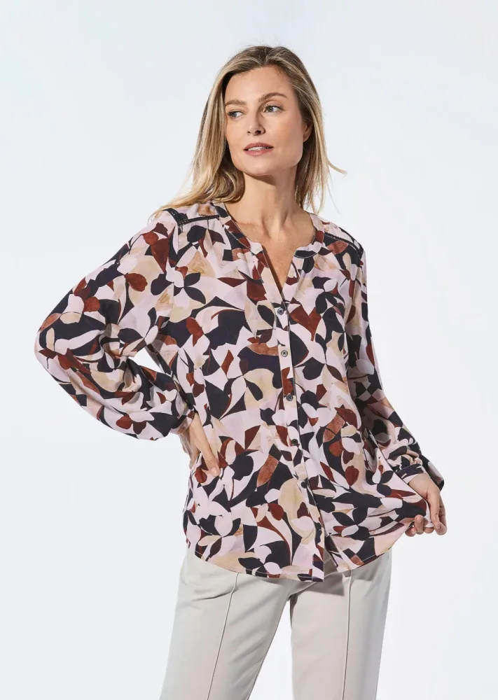 Bluse mit Tunika Ausschnitt - beige / stein / schwarz / gemustert - Gr. 21 von Goldner Fashion