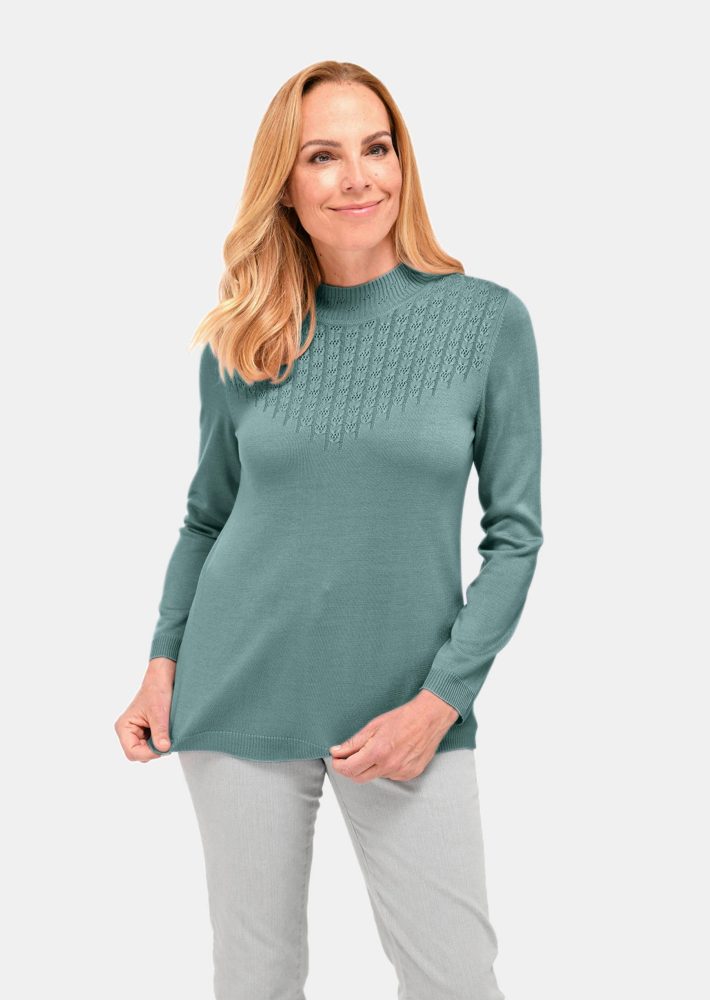 Zeitloser Ajour-Stehbundpullover - graugrün - Gr. 20 von Goldner Fashion