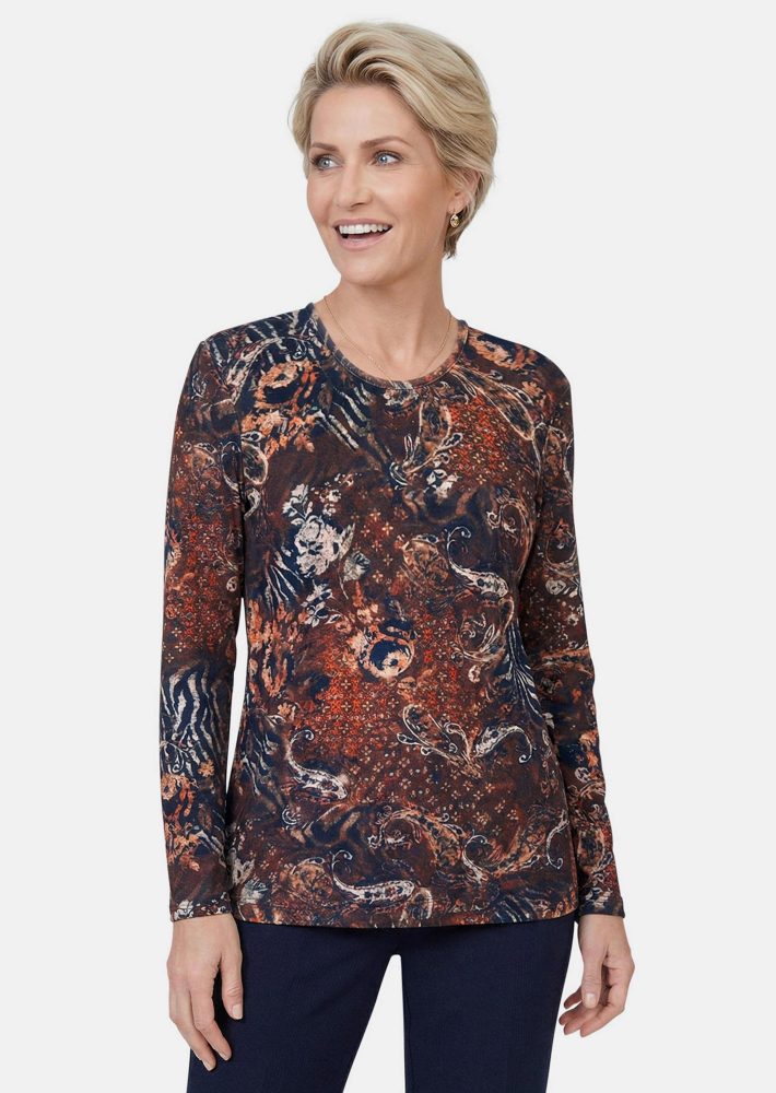 Langarmshirt aus flauschigem Jersey - braun / gemustert - Gr. 20 von Goldner Fashion
