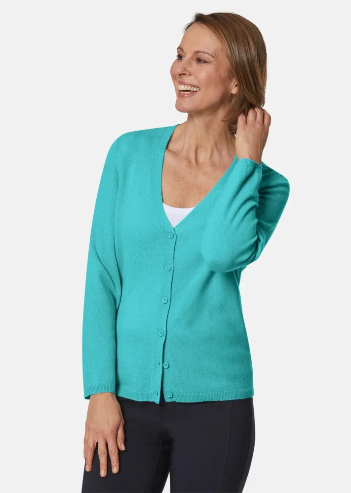 Weiche Kaschmirstrickjacke mit V-Ausschnitt - mint - Gr. 21 von Goldner Fashion