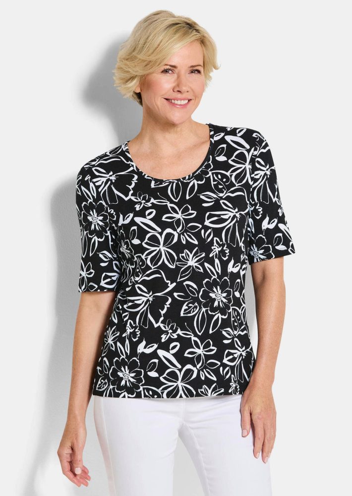Jersey-Shirt mit Blumenmuster - schwarz / weiss / gemustert - Gr. 20 von Goldner Fashion