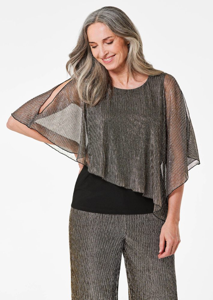 Shirt mit asymmetrischem Überwurf - schwarz / metallic / gemustert - Gr. 25 von Goldner Fashion