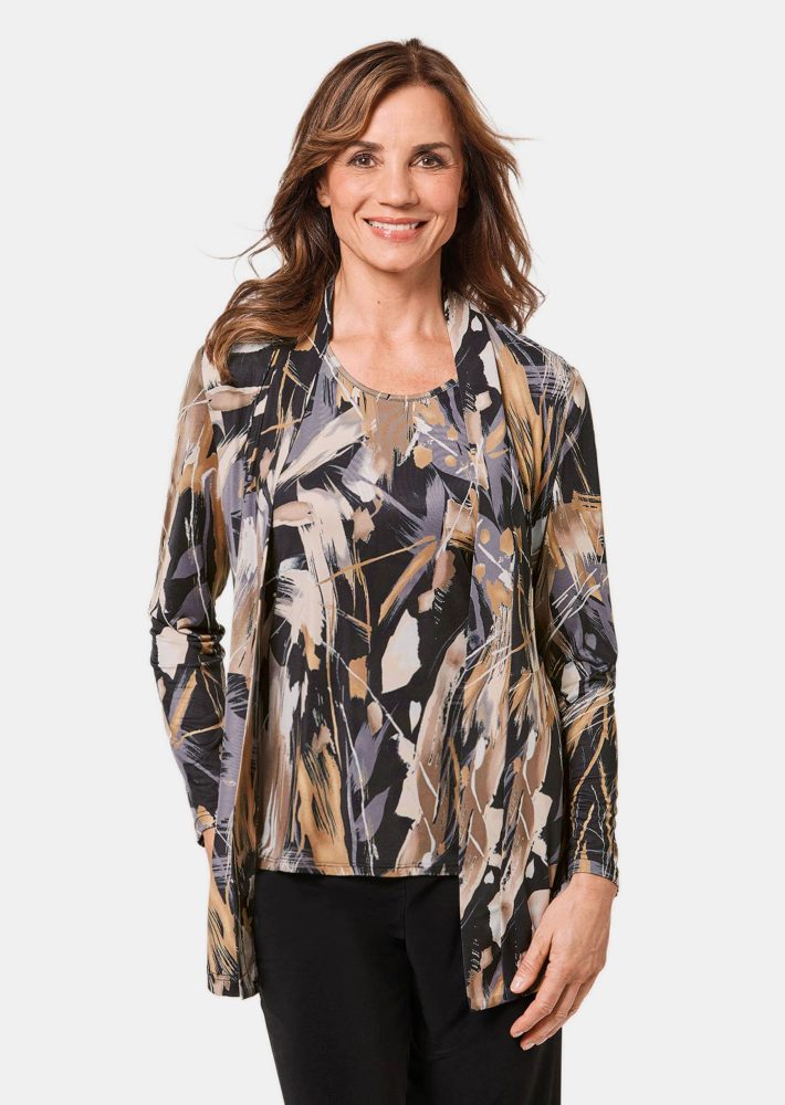 Stretchbequeme Slinky-Longjacke mit aufregendem Druck - schwarz / grau / gemustert - Gr. 21 von Goldner Fashion