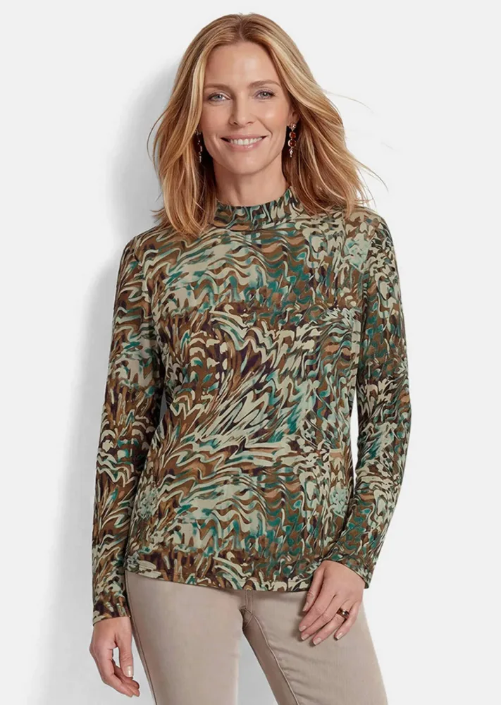 Jersey-Shirt mit Stehkragen - graugrün / gemustert - Gr. 22 von Goldner Fashion