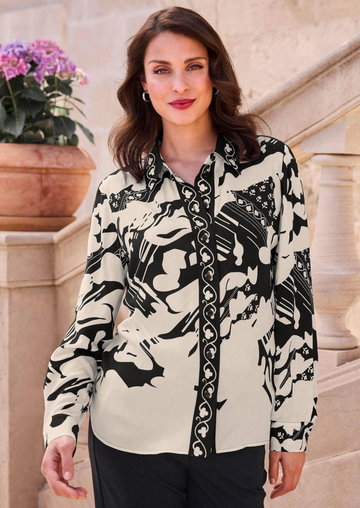 Satin-Bluse mit Bordüren-Print - schwarz / weiss - Gr. 34 von Goldner Fashion