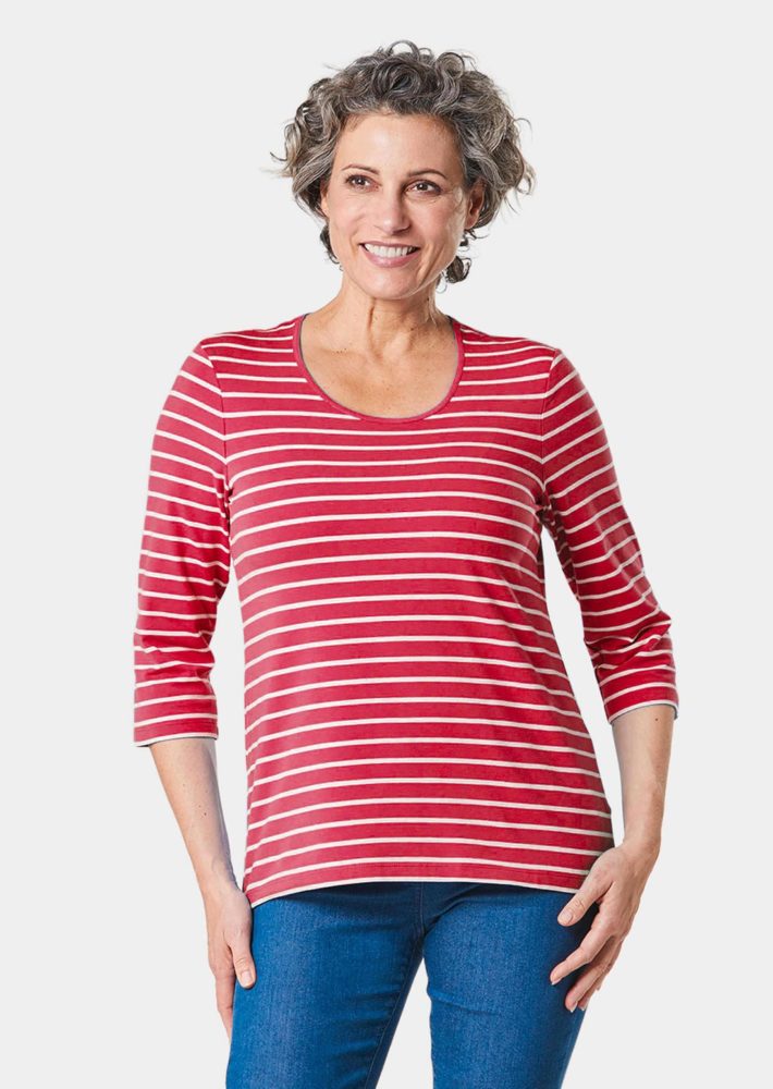 Ringelshirt mit hochwertigen, garngefärbten Ringeln ? auch nach häufigem Waschen bleibt die Farbe lange schön. In formstabiler Baumwoll-Elasthan-Qualität. Länge ca. 66 cm in Gr. 46, ca. 62 cm in Gr. 23. - rot / weiss - Gr. 25 von Goldner Fashion