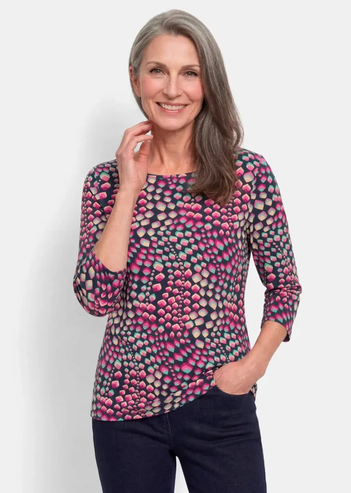 Jersey-Shirt mit U-Boot-Ausschnitt und 3/4-Arm - marine / gemustert - Gr. 24 von Goldner Fashion