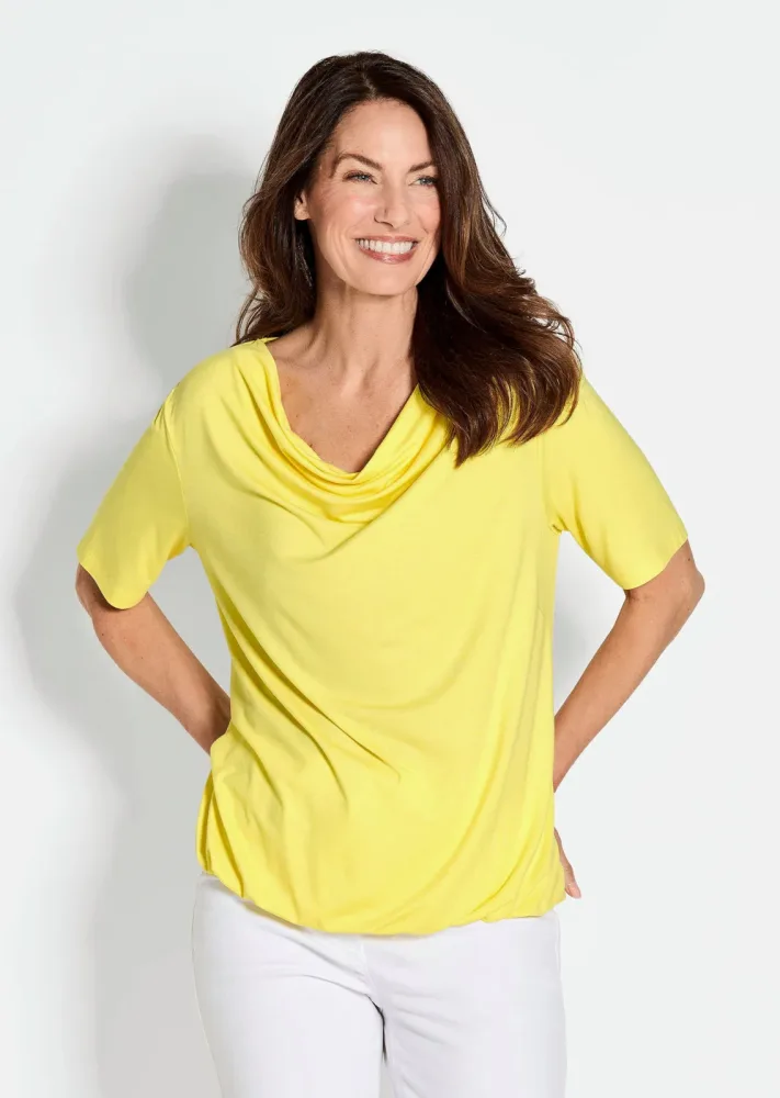Shirt mit Wasserfallausschnitt - gelb - Gr. 48 von Goldner Fashion