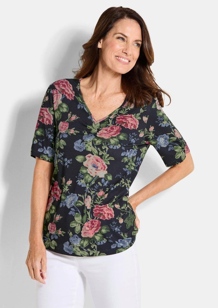 Florales Jersey-Shirt mit Raffungen - marine / gemustert - Gr. 20 von Goldner Fashion