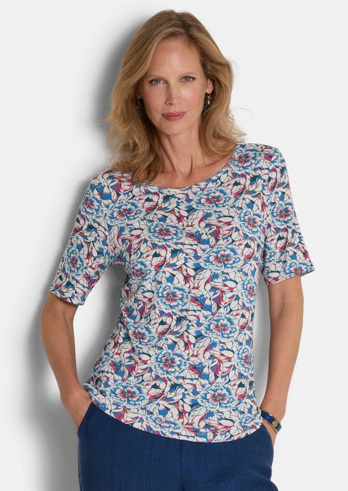 Jersey-Shirt mit U-Boot-Ausschnitt - blau / gemustert - Gr. 22 von Goldner Fashion