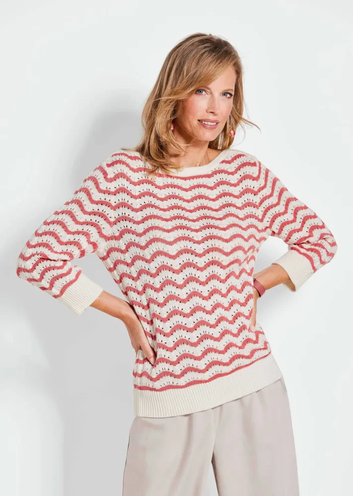 Strickpullover mit 3/4-Arm - cremeweiss / koralle - Gr. 22 von Goldner Fashion