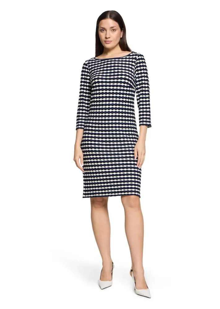 Maritimes Jerseykleid mit 3D-Struktur - dunkelblau / cremeweiss / geringelt - Gr. 42 von Goldner Fashion