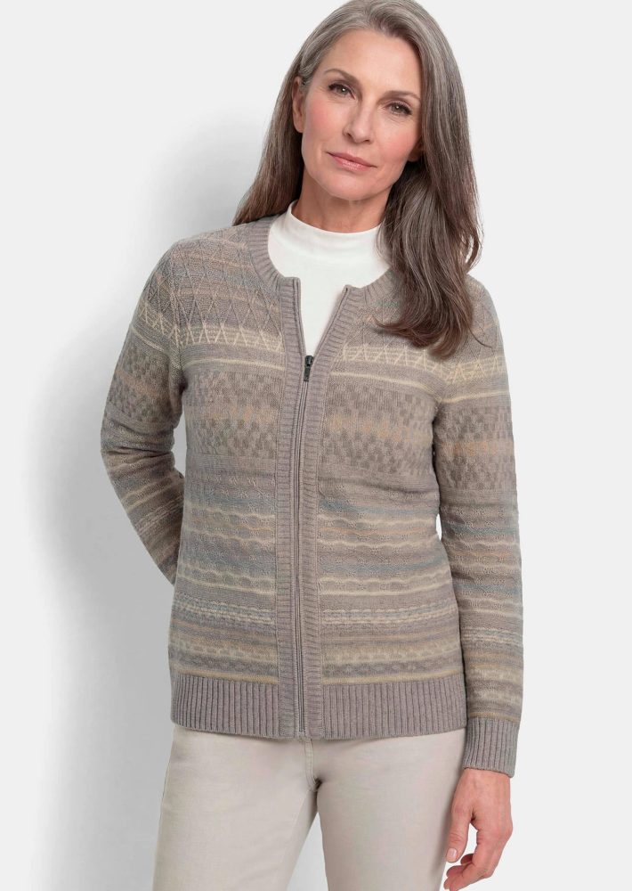 Warme Strickjacke mit Reissverschluss - beige / gemustert - Gr. 20 von Goldner Fashion