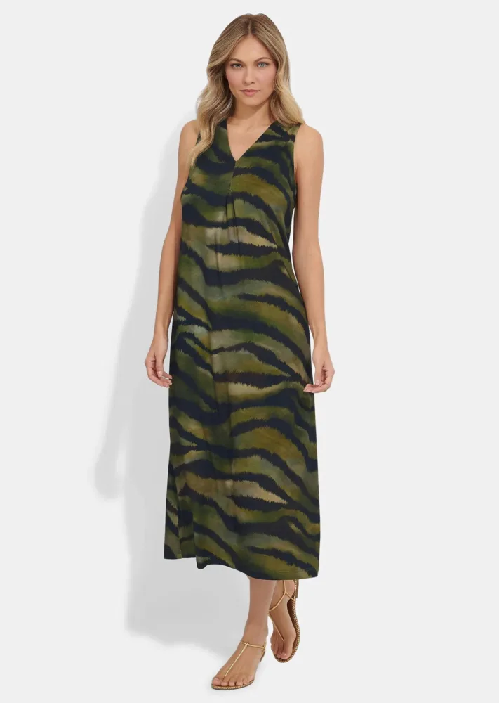 Freizeitkleid mit Animal Print - khaki / schwarz / gemustert - Gr. 48 von Goldner Fashion