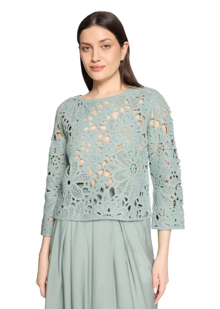 Häkelpullover mit Blütenmuster - salbei - Gr. 40 von Goldner Fashion