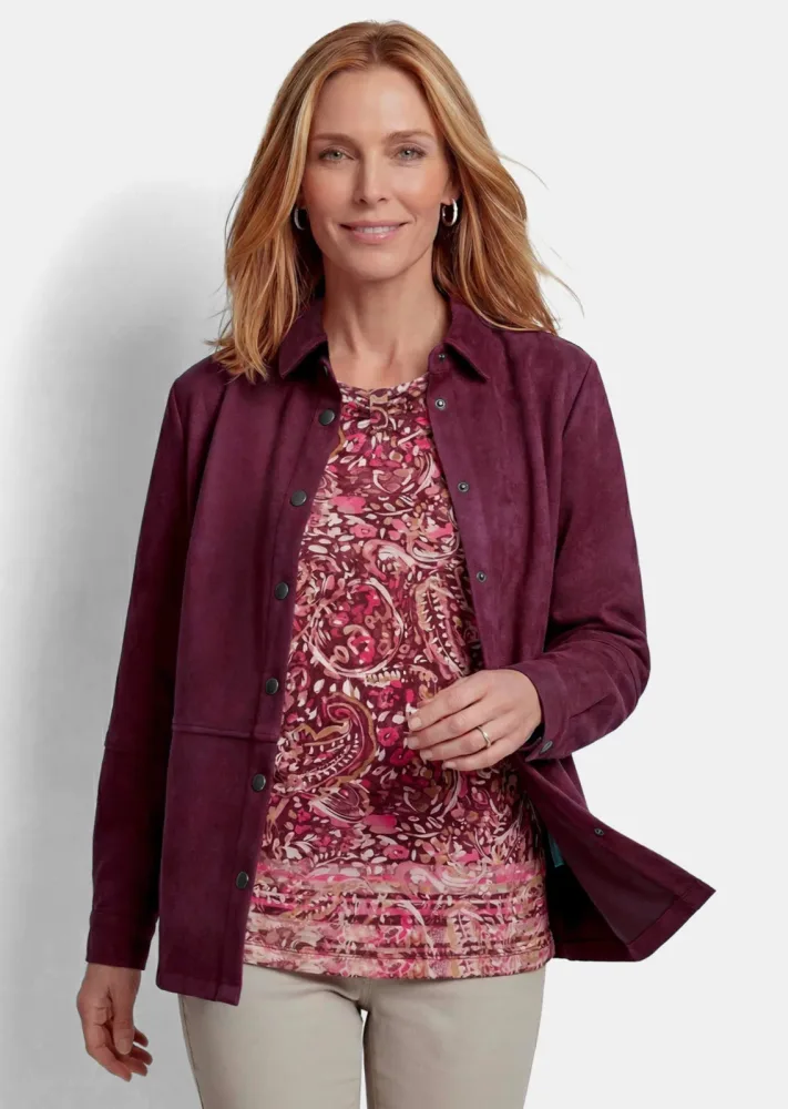Bequeme Hemdjacke in Veloursleder-Optik - aubergine - Gr. 20 von Goldner Fashion