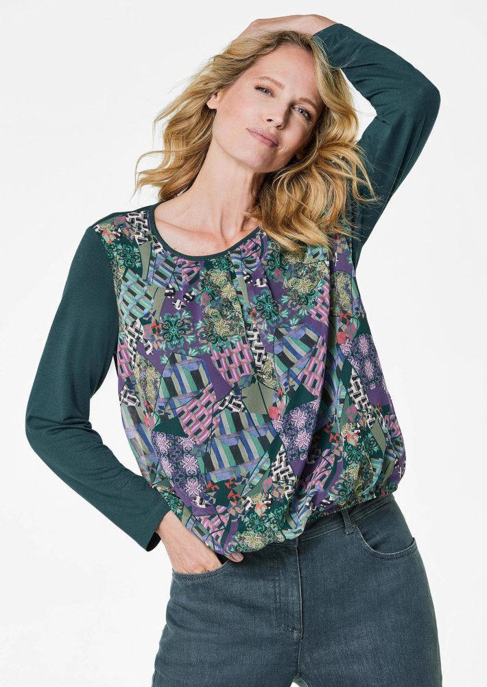 Blusenshirt mit Chiffon-Einsatz - dunkelgrün / gemustert - Gr. 20 von Goldner Fashion