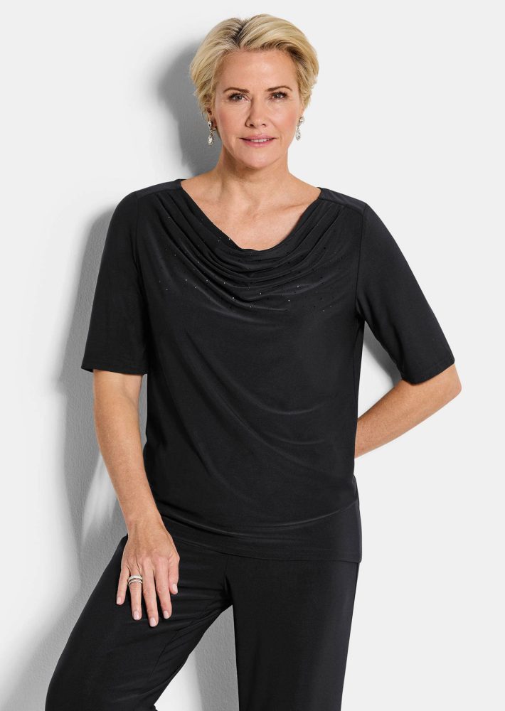 Wasserfallshirt mit Glitzersteinen - schwarz - Gr. 19 von Goldner Fashion