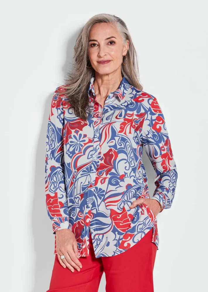 Hemdbluse mit Alloverdruck - rot / blau / gemustert - Gr. 20 von Goldner Fashion
